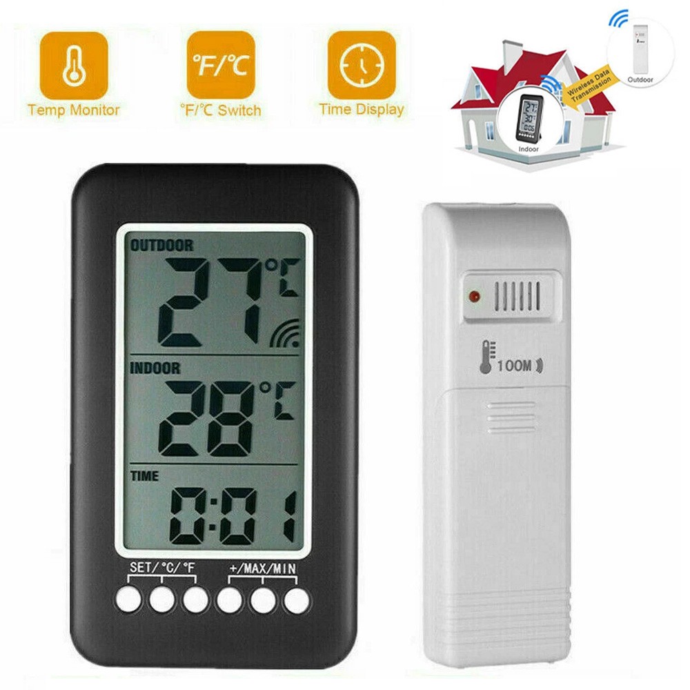 Digital LCD Thermometer Clock Wireless Indoor/Outdoor Temperature Meter Gauge
