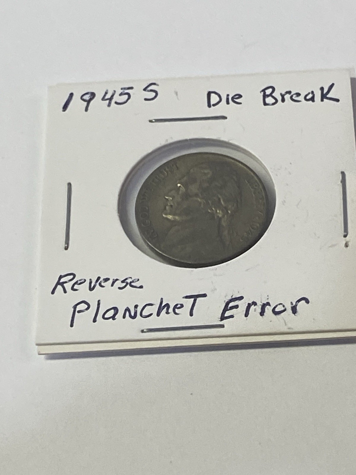 1945 S Jefferson War Nickel Planchette Error On Reverse Die Break 35% Silver