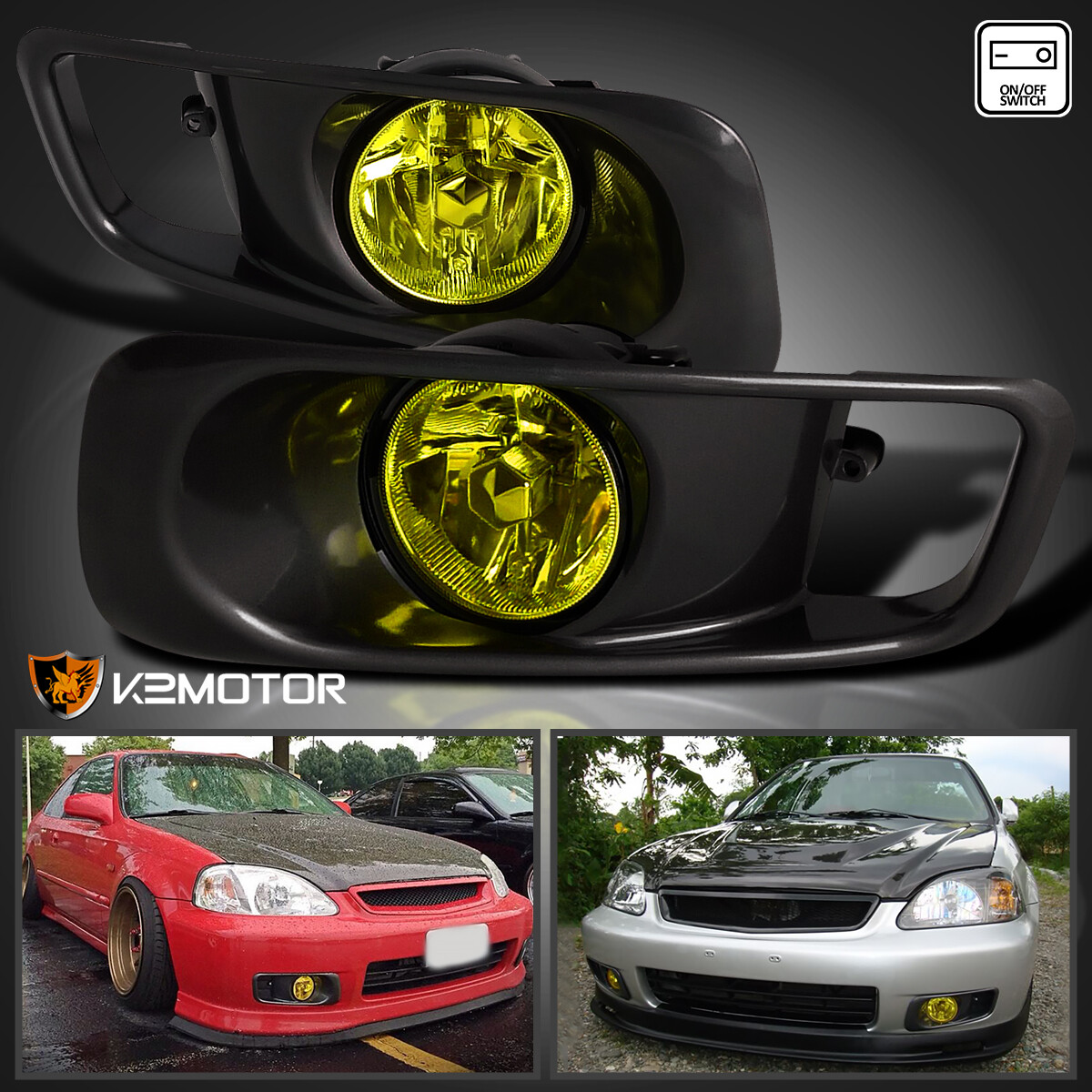 Fits 1999-2000 Honda Civic Si Yellow Bumper Fog Lights Driving Lamps Kit+Switch