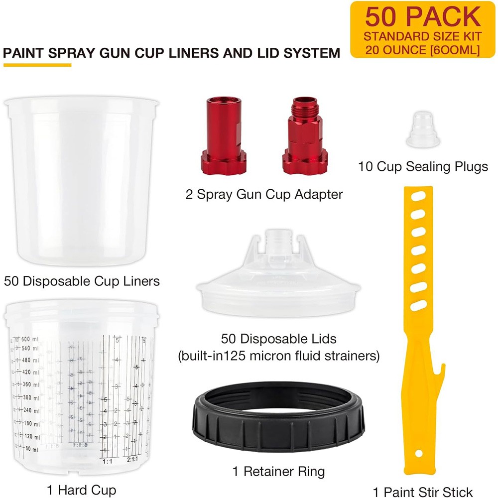 PPS CUPS Disposable Paint Spray Gun Cup Liners and Lid System (125 Mic) 50pack