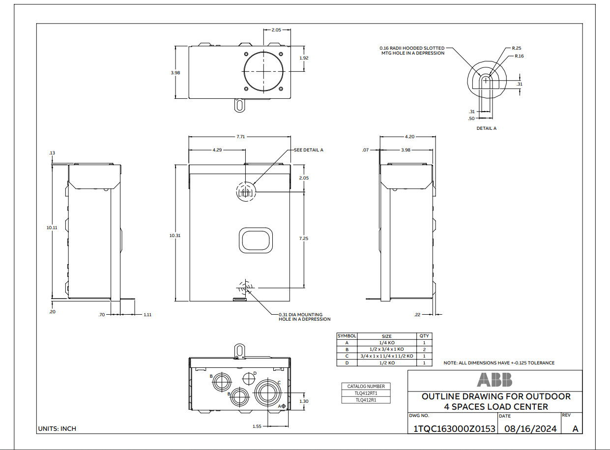 ABB TLQ412R1 125 Amp 4-Space 8-Circuit Outdoor Main Lug Load Center NEMA3R
