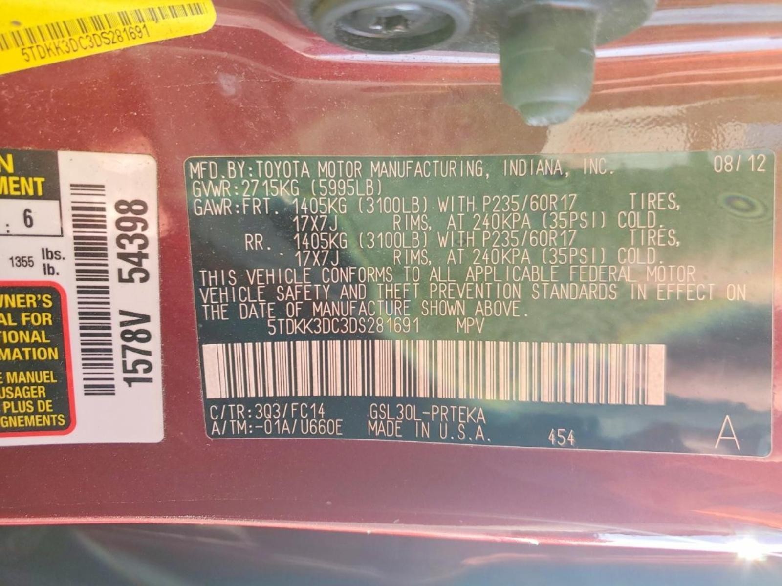 2011-2014 TOYOTA SIENNA Sun visor (illuminated), Left