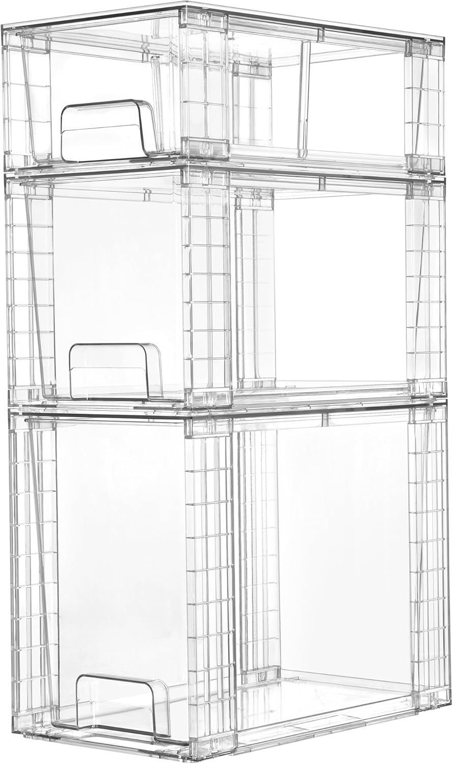 3 Pack Clear Stackable Storage Drawers,Easy to Assemble Bathroom Organizers a...