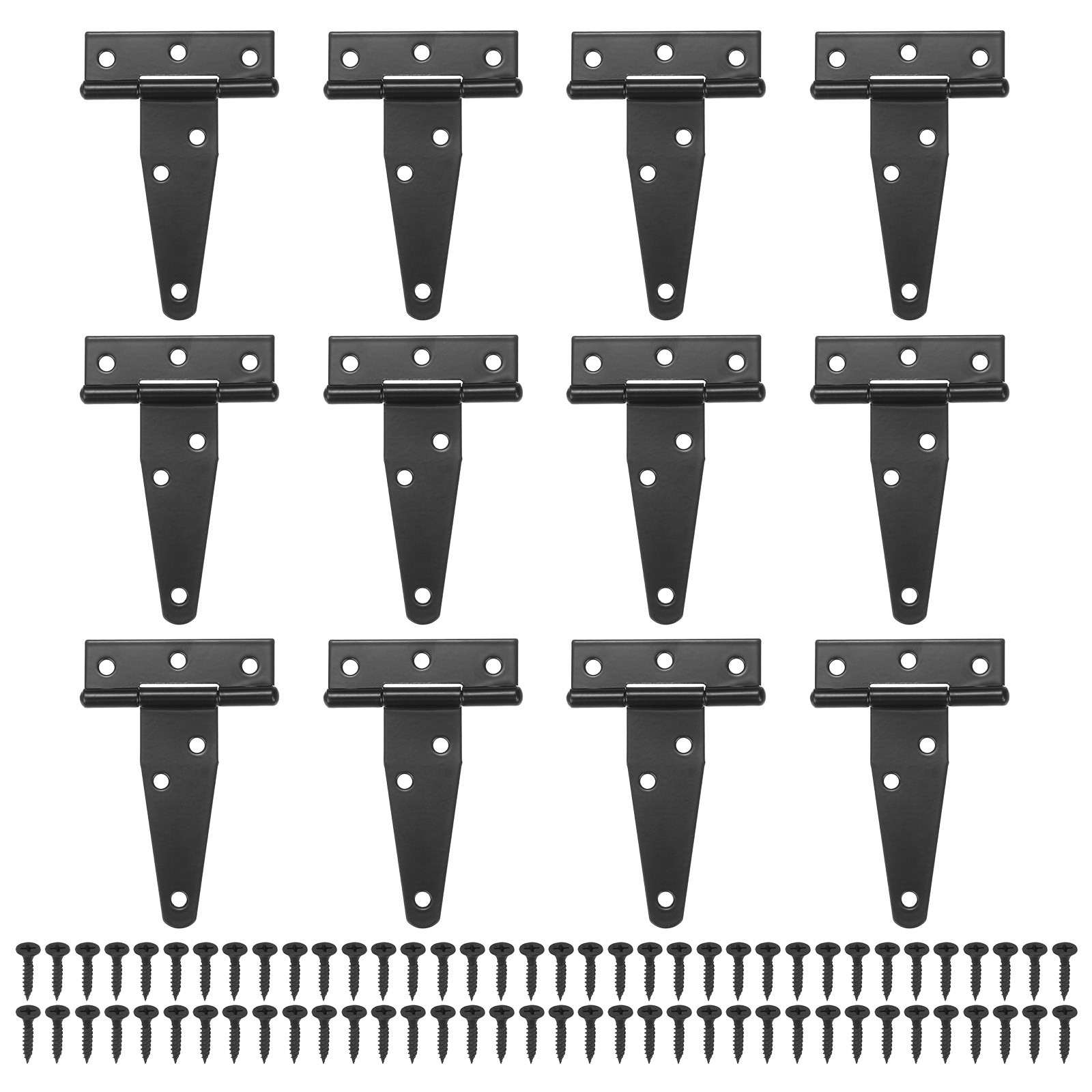 12-Pack 3 Inch Iron T-Strap Shed Door Hinges for Wooden Fences [Black]