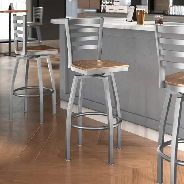10 PACK Clear Coat Ladder Back Swivel Metal Restaurant Barstool w/ Vintage Wood