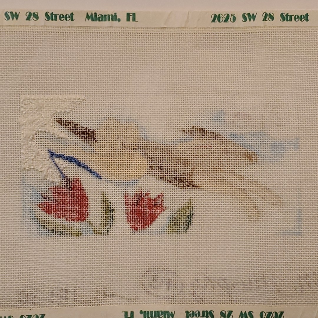 Martha Murphy handpainted needlepoint bunny rabbit jumping tulips STARTED