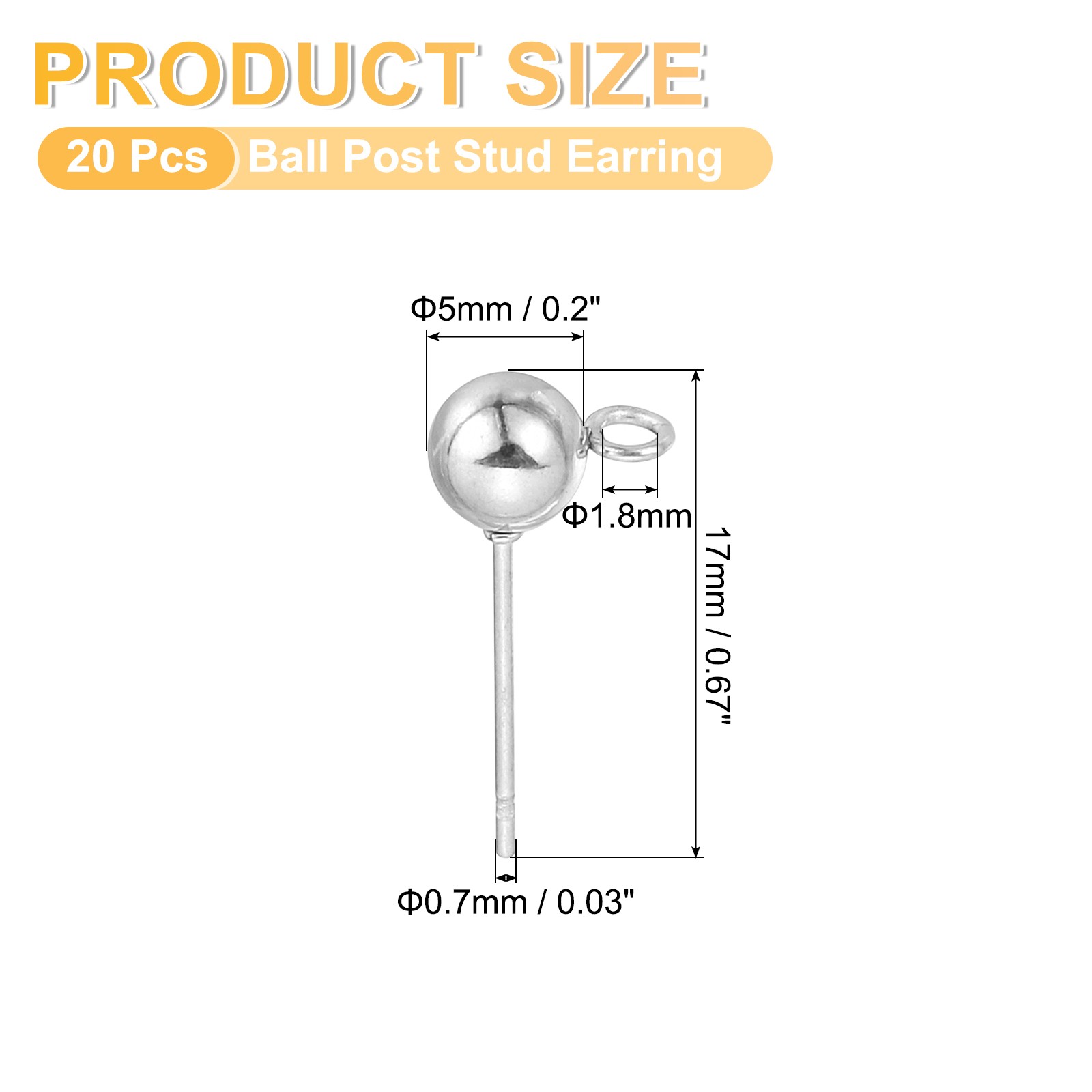 20Pcs Ball Post Stud Earrings, 17x5mm Round Ear Pin with Horizontal Loop, Silver