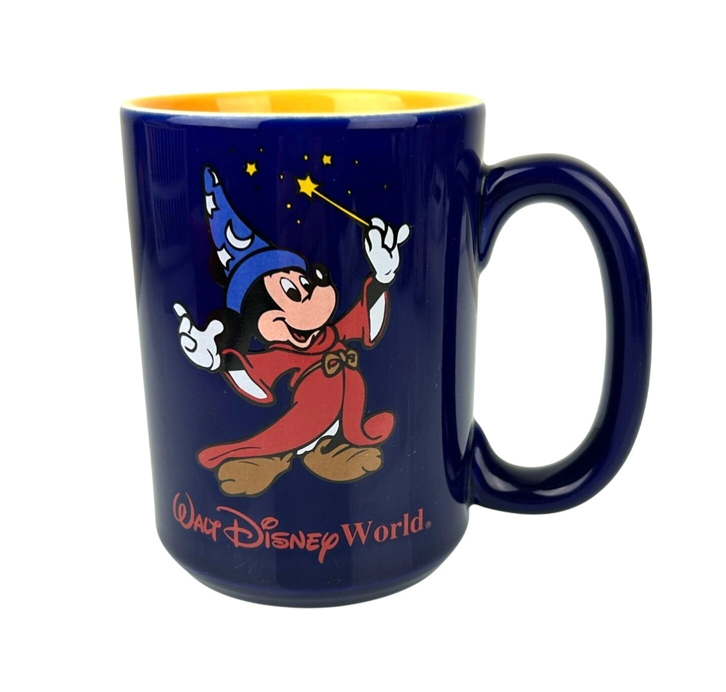 Walt Disney World Fantasia Mickey Mouse Ceramic Coffee Mug Cobalt Yellow VTG