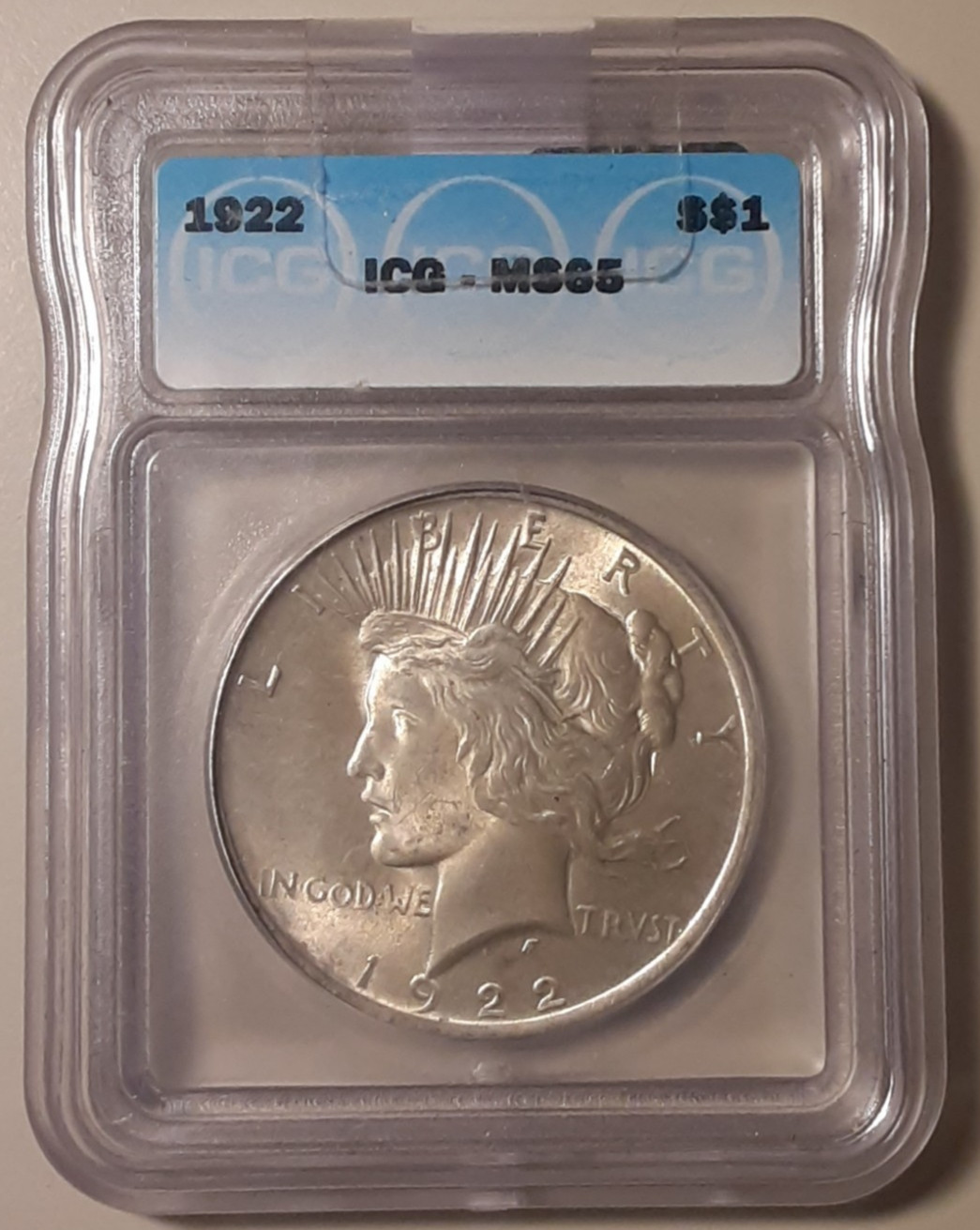1922 $1 ICG MS65 Philadelphia Mint Peace Dollar from GSA flatpack (#AFSWN4/7249)