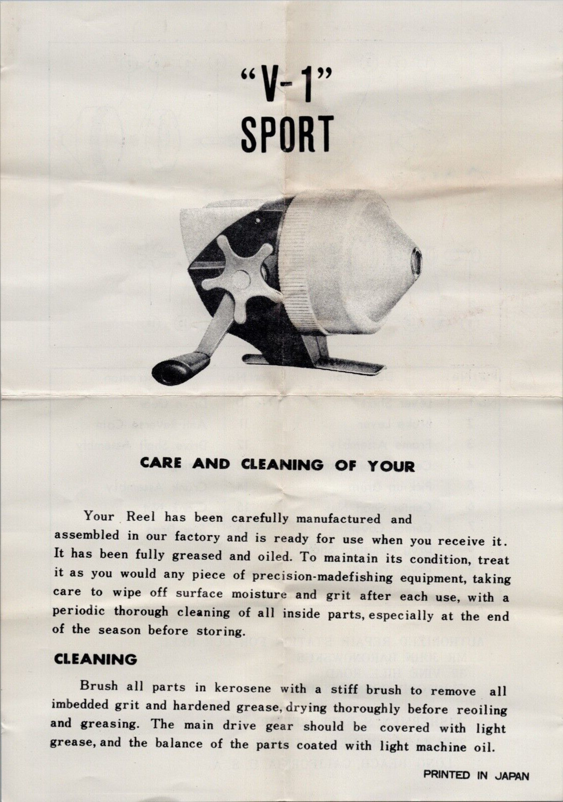 V-1 Sport Fishing Reel Parts List Care Guide Old Fishing Reel