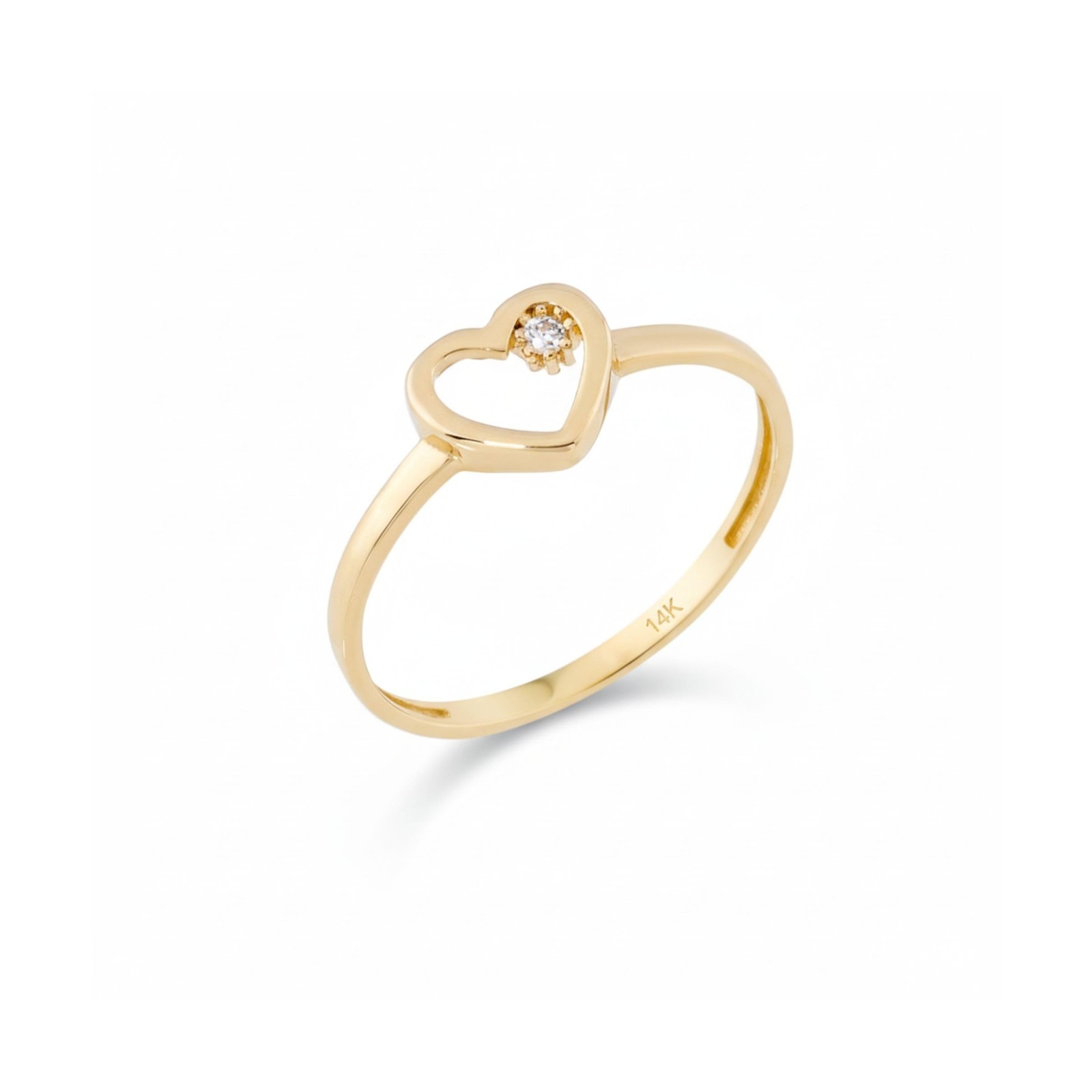 14K Real Solid Gold Ring for Women, Open Heart with Small Simulated Diamond R...