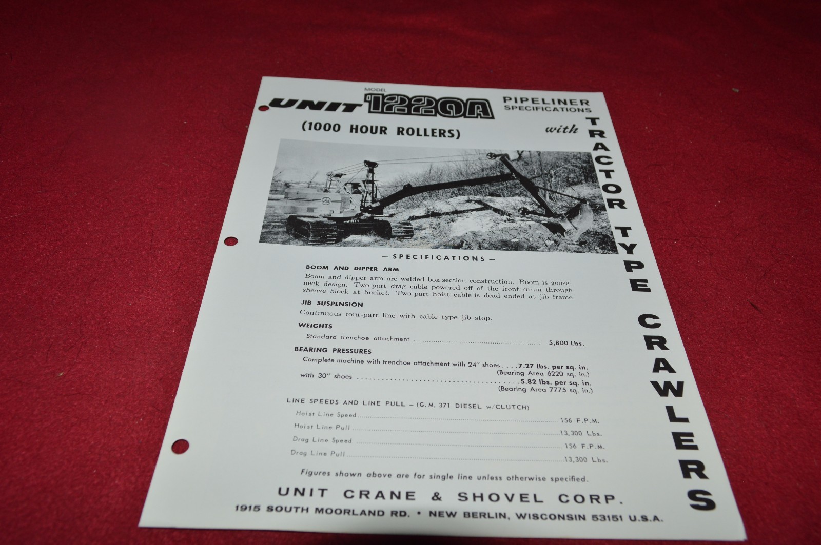 Unit 1220A Pipeliner Specifications Dealer's Brochure RPMD