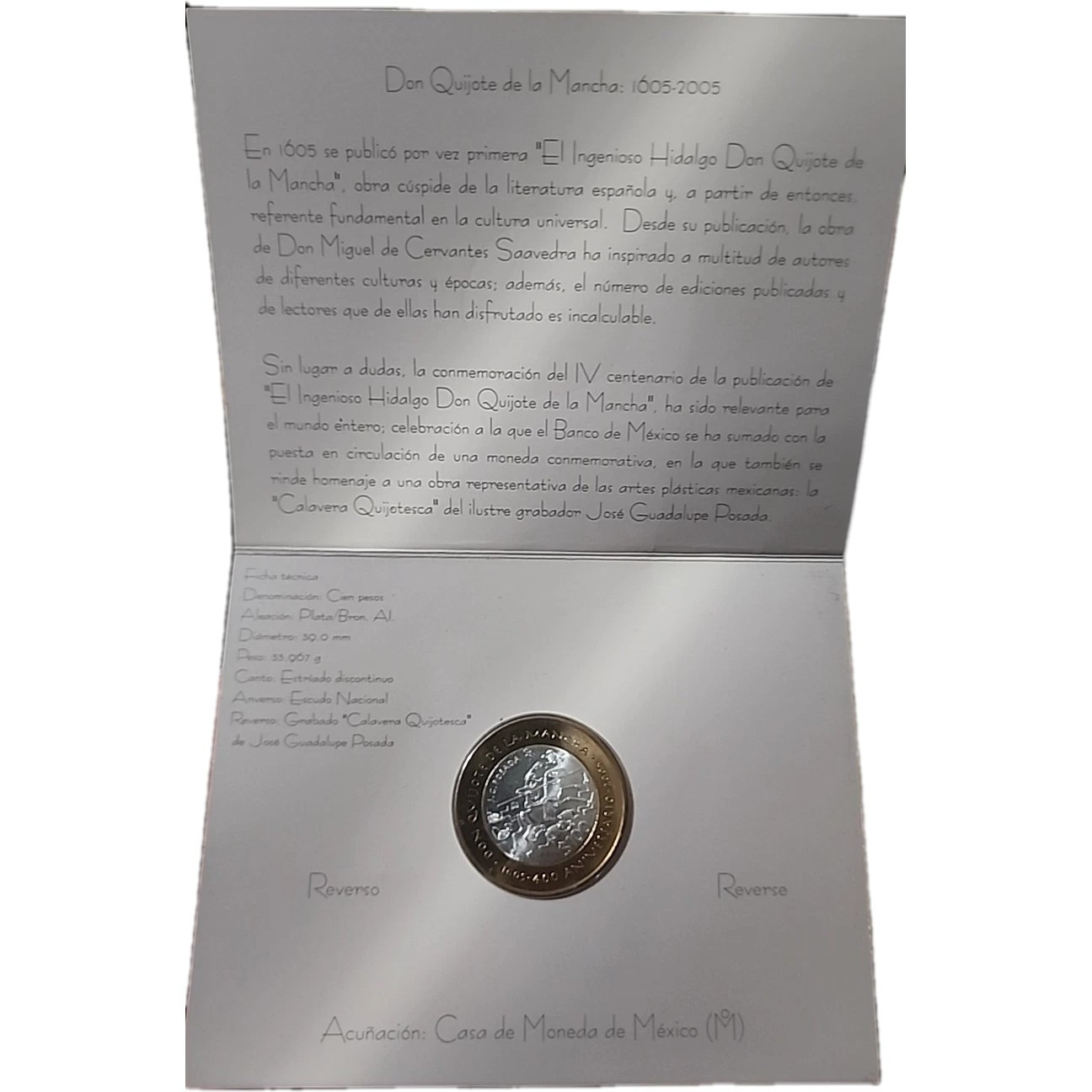 2005 MEXICO PROOF $100 PESOS DON QUIJOTE DE LA MANCHA BLISTER UNC