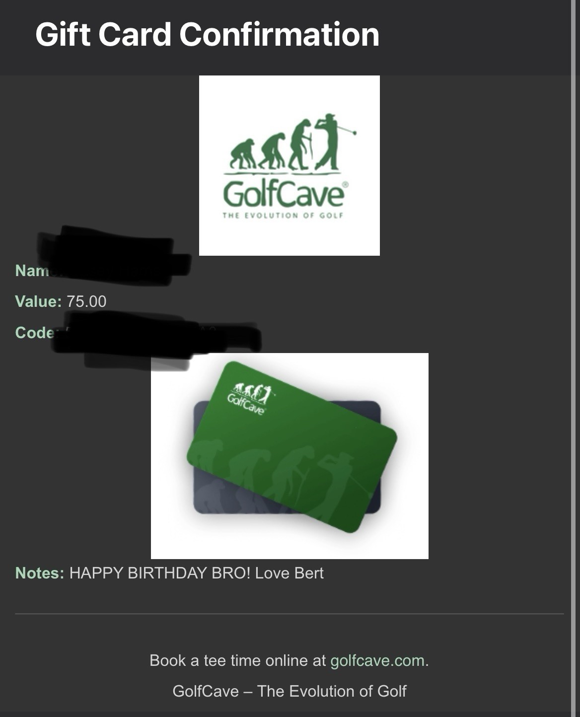Golf Cave Gift Card $75 for $40