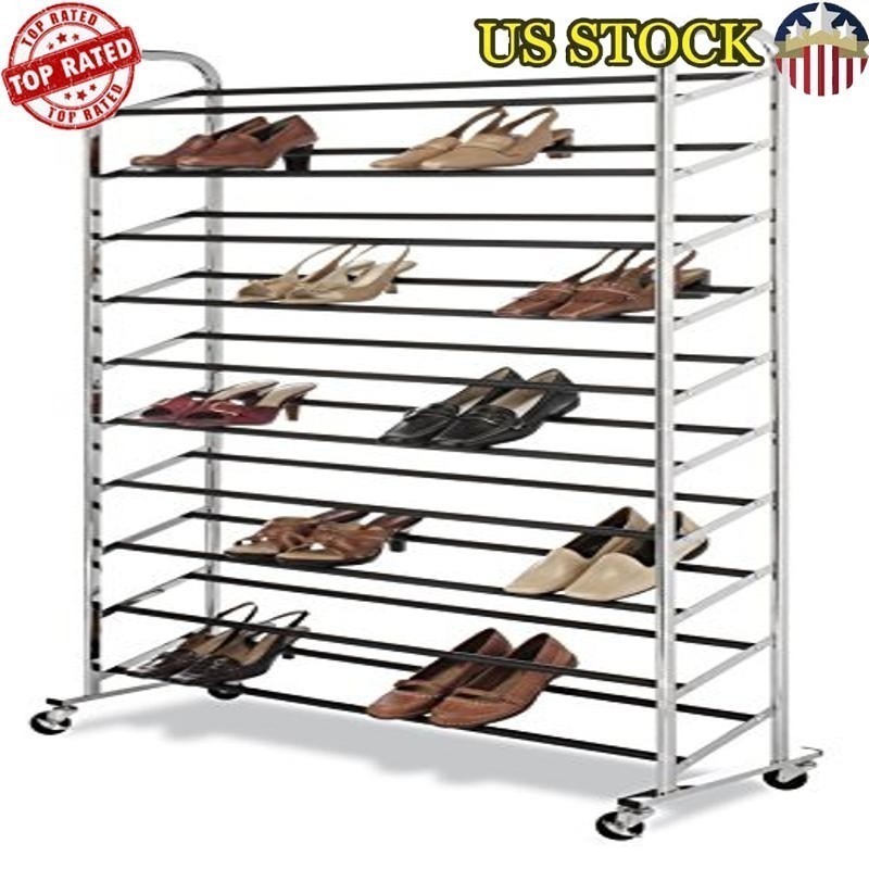 10-Tier Shoe Tower Organizer Holds 50 Pairs Chrome Finish Portable W/ Wheels New
