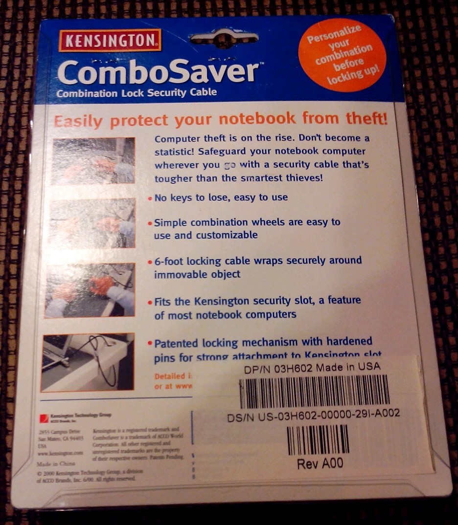 Kensignton ComboSaver Combination Lock Security Cable 3H602/64050