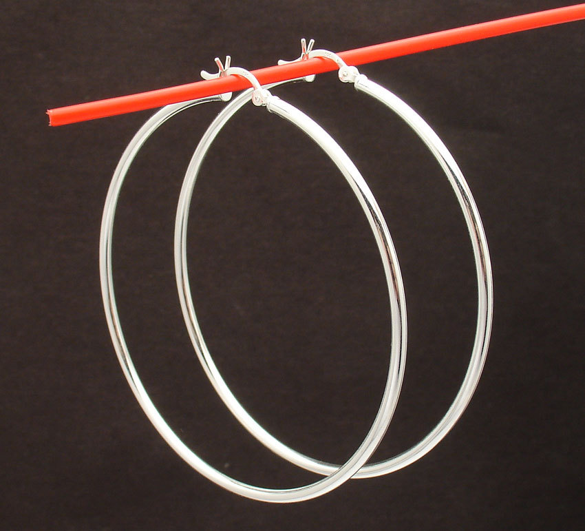 2mm X 60mm 2 3/8" Large Plain Polished Hoop Earrings Real 925 Sterling Silver