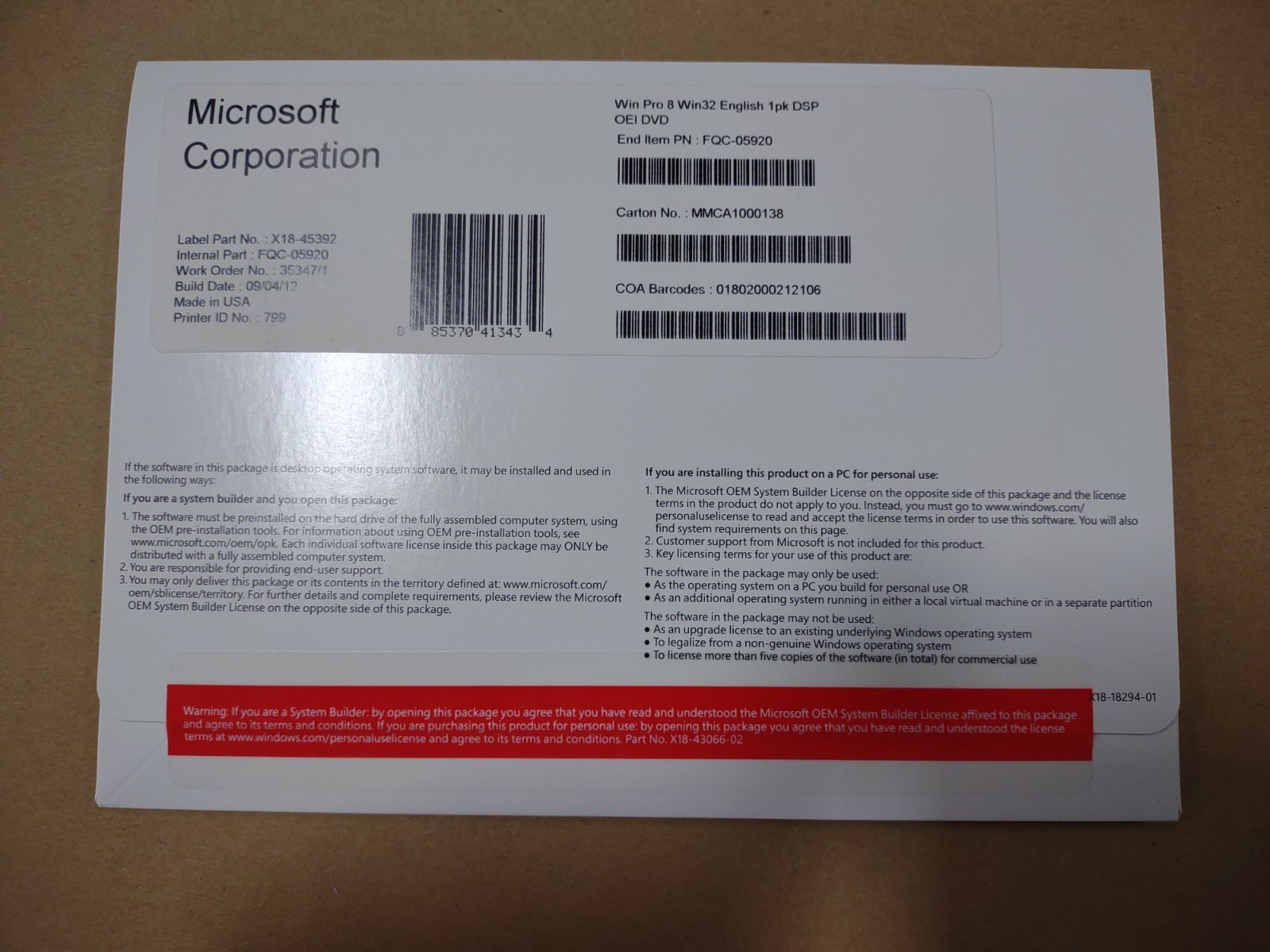 MS WINDOWS 8 PRO 32 BIT OEM, FQC-05920