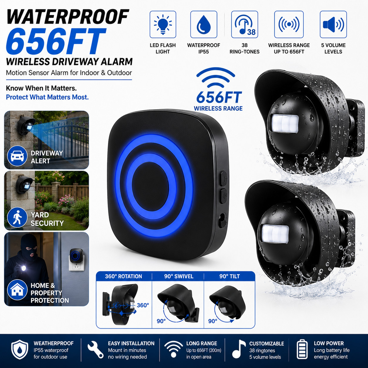 H2C8 Waterproof 656ft Wireless Driveway Alarm Motion Sensor Alarm Indoor Outdoor