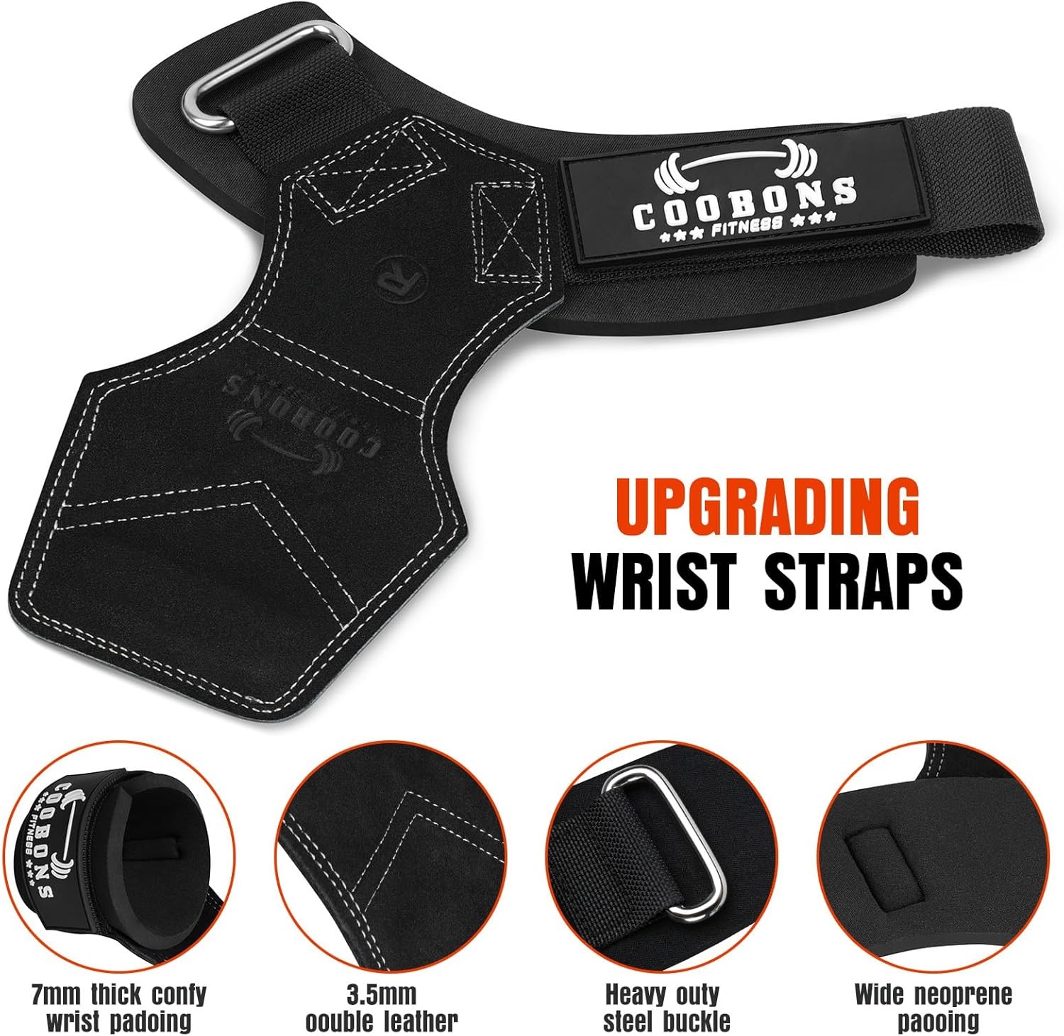 Lifting Wrist Straps for Weightlifting, Double Layer Leather Weight Black