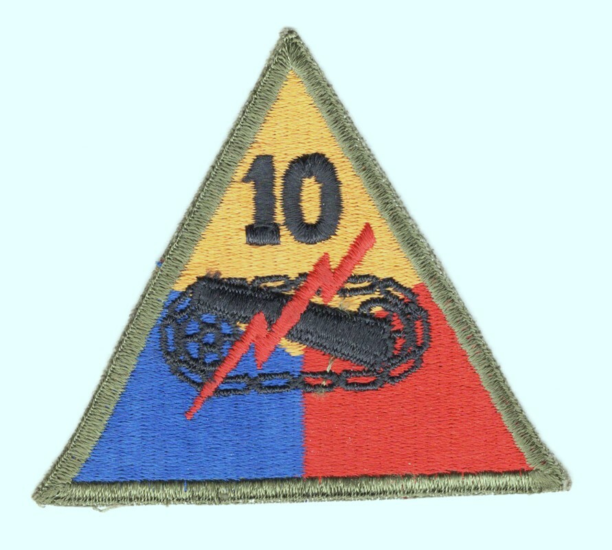 Army Patch: 10th Armored Division, cut edge, OD border