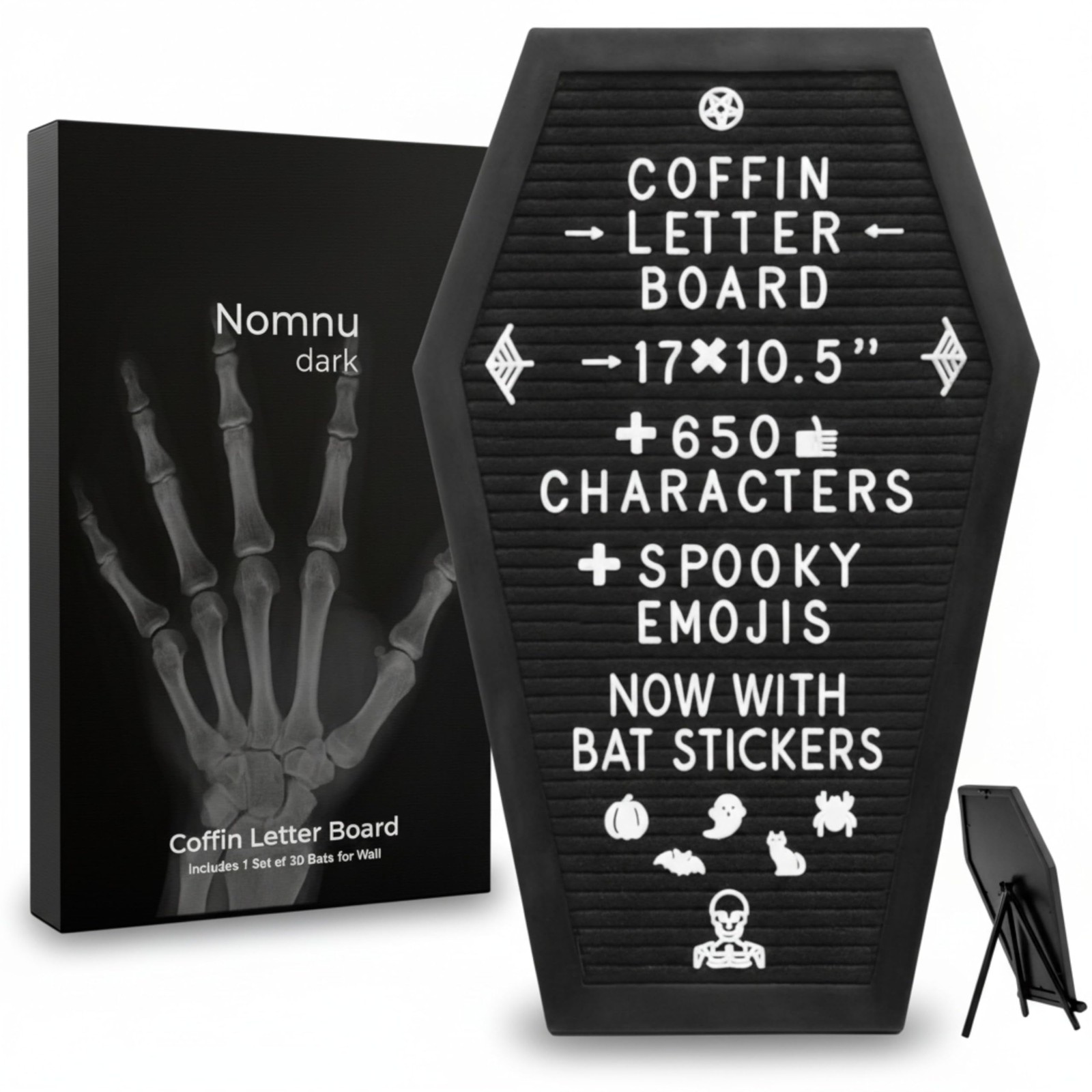 Nomnu Coffin Letter Board Black +3D Bat Stickers +650 Characters, Spooky Seasona