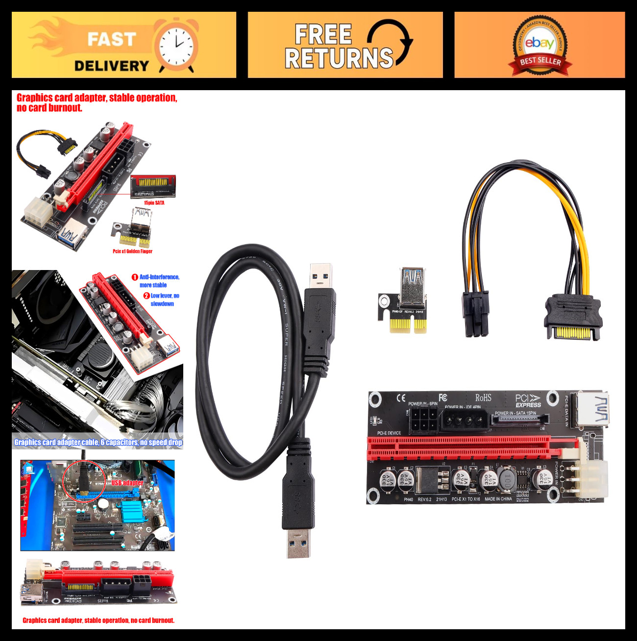 PCIe 1X to 16X Riser Card for Crypto Mining - 3 Power Options, 60cm USB 3.0 Cabl