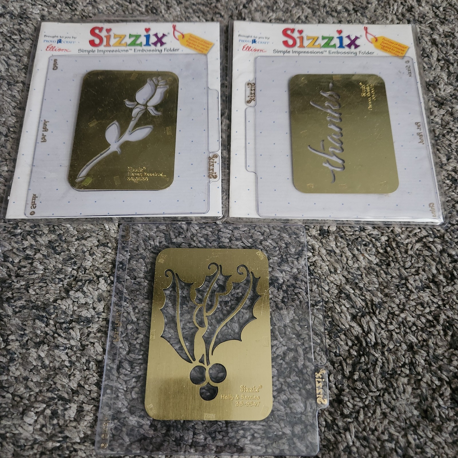 3 Sizzix Brass Embossing Folders Holly & Berries, Thanks, Flower Rosebud