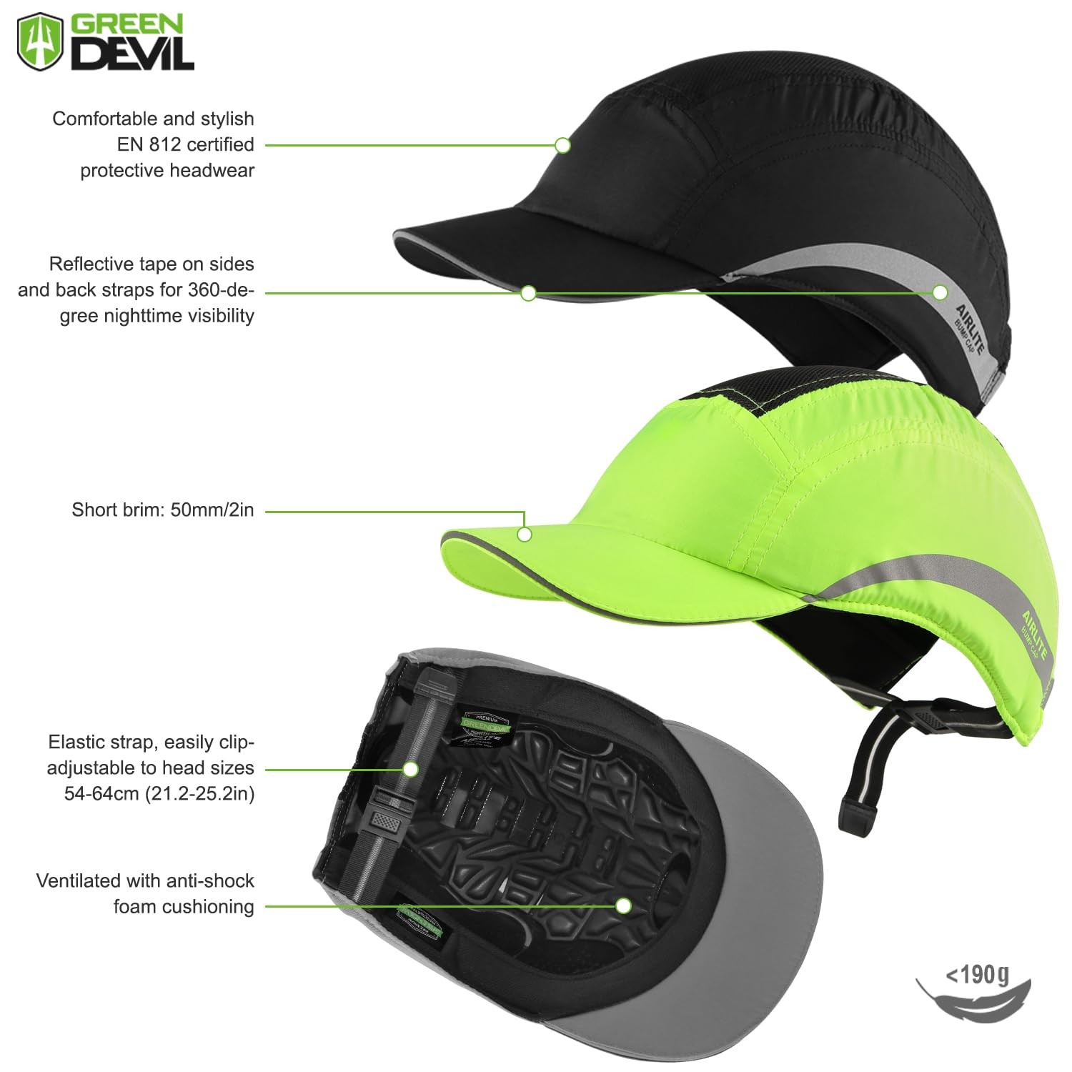 Green Devil Safety Bump Cap Super Lightweight Breathable Baseball Cap Style