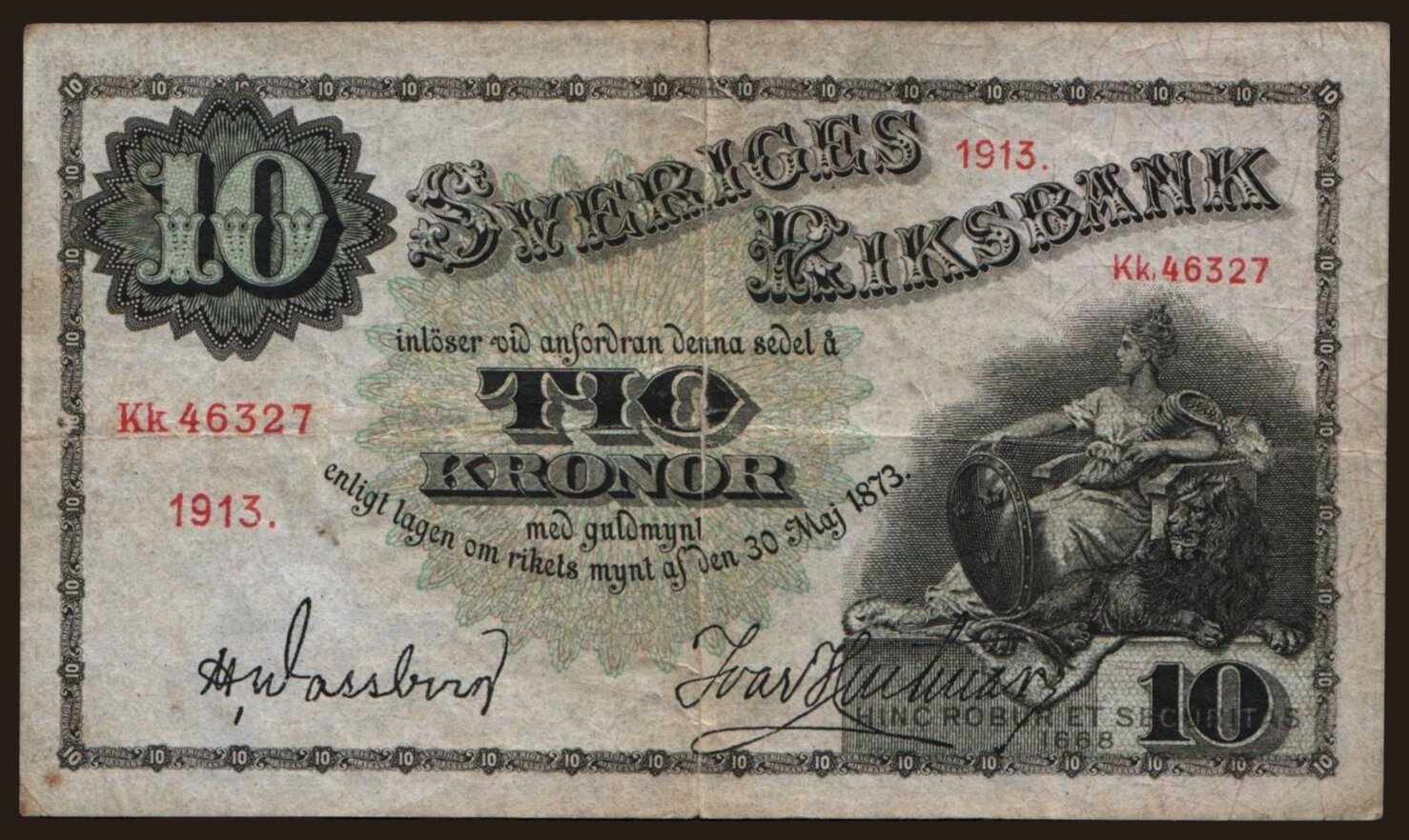 Sweden - 1913 - 10 Kronor - "VG" #CO8130