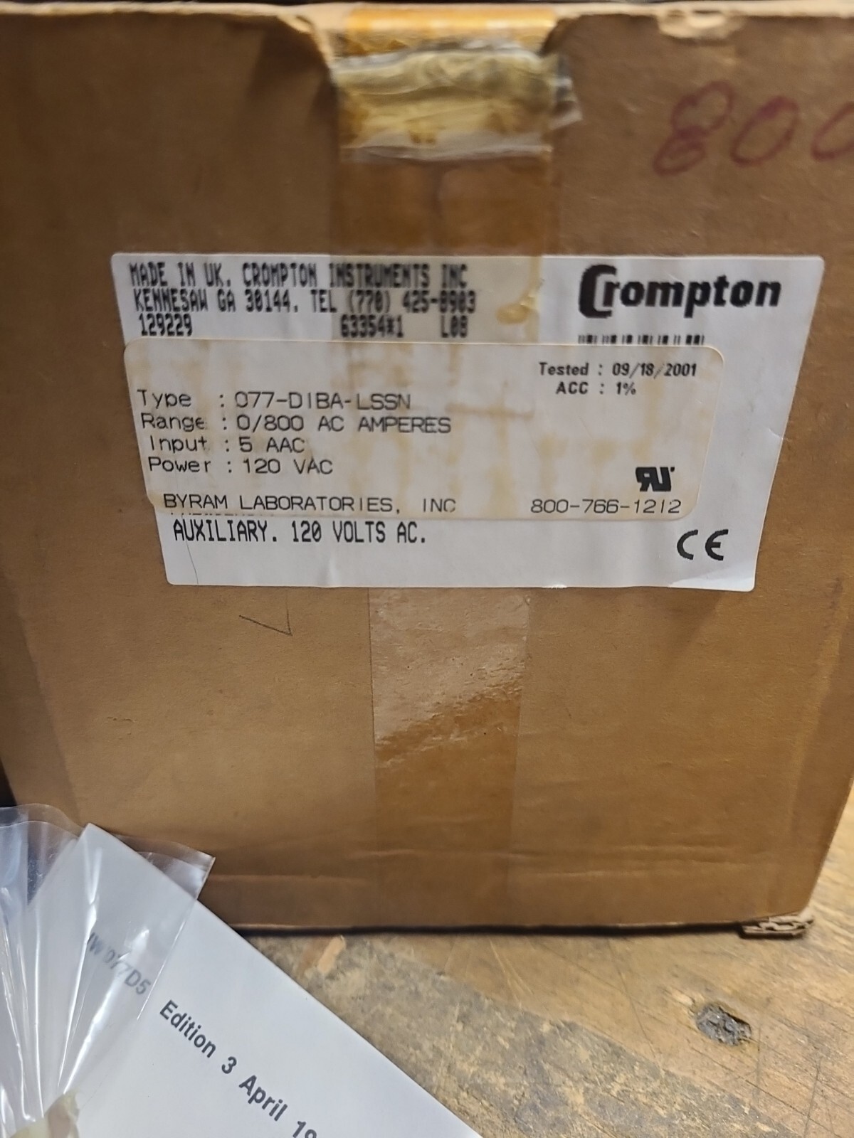 Crompton 077-DIBA-LSSN...800 AMP A.C. PANEL METER..120VAC..USED..TESTED...