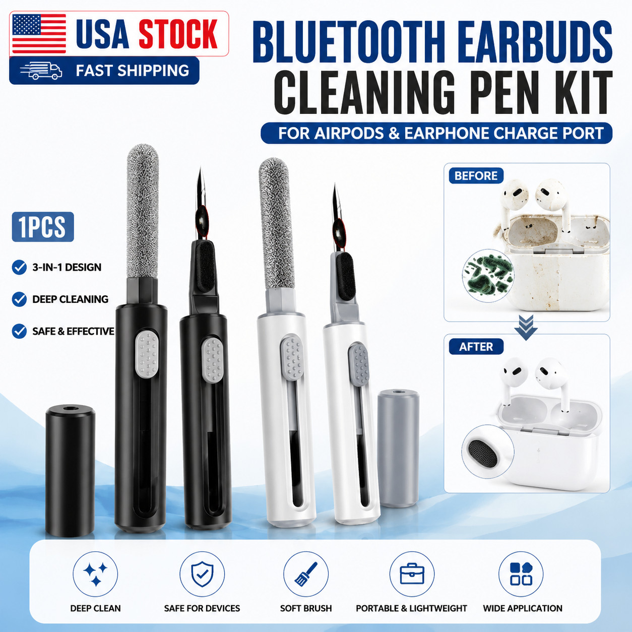3 in 1 Earbuds Cleaning Kit Pen for AirPods Wireless Earphone Charging Case US