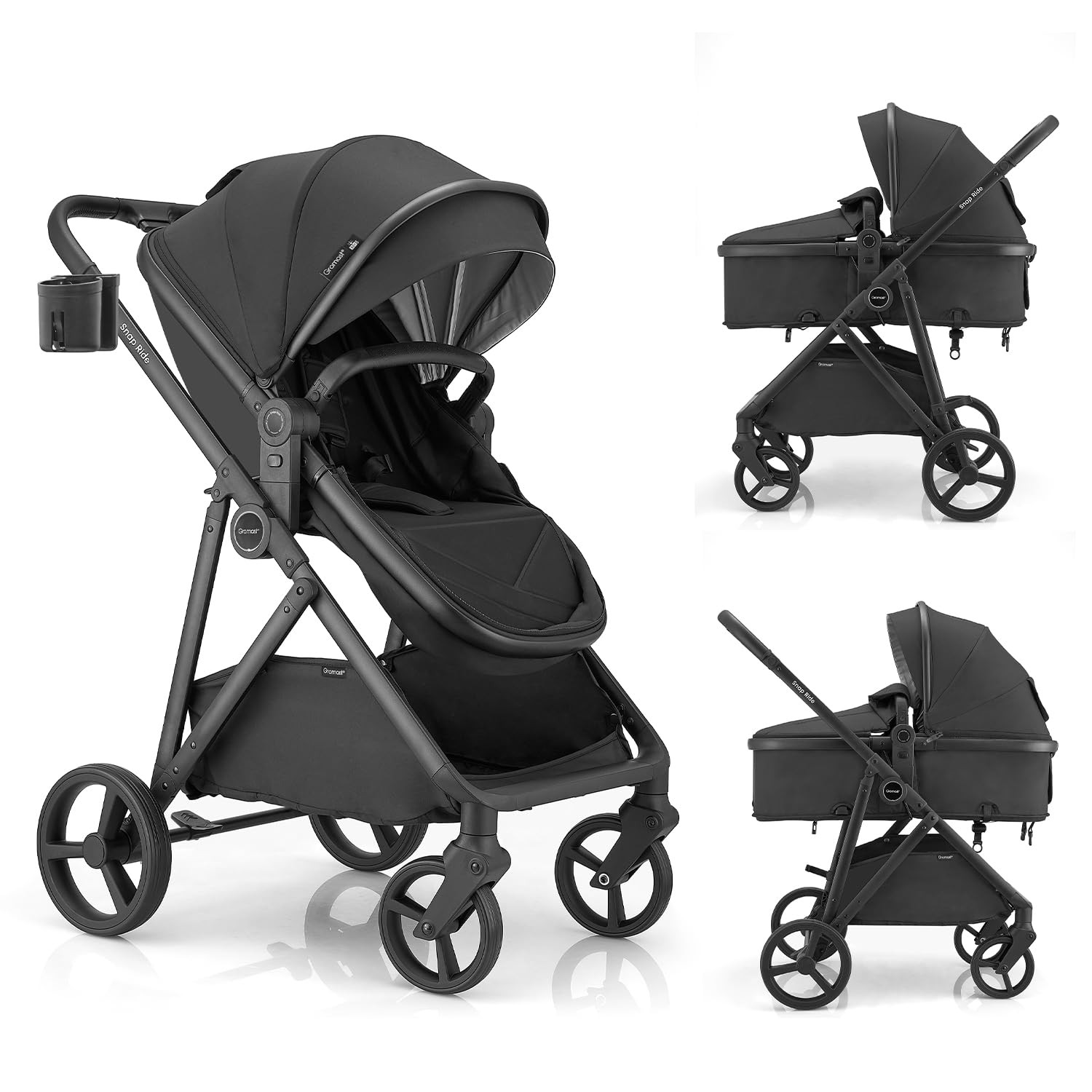 Convertible 3-in-1 Baby Stroller with Reversible Seat & Canopy - Black