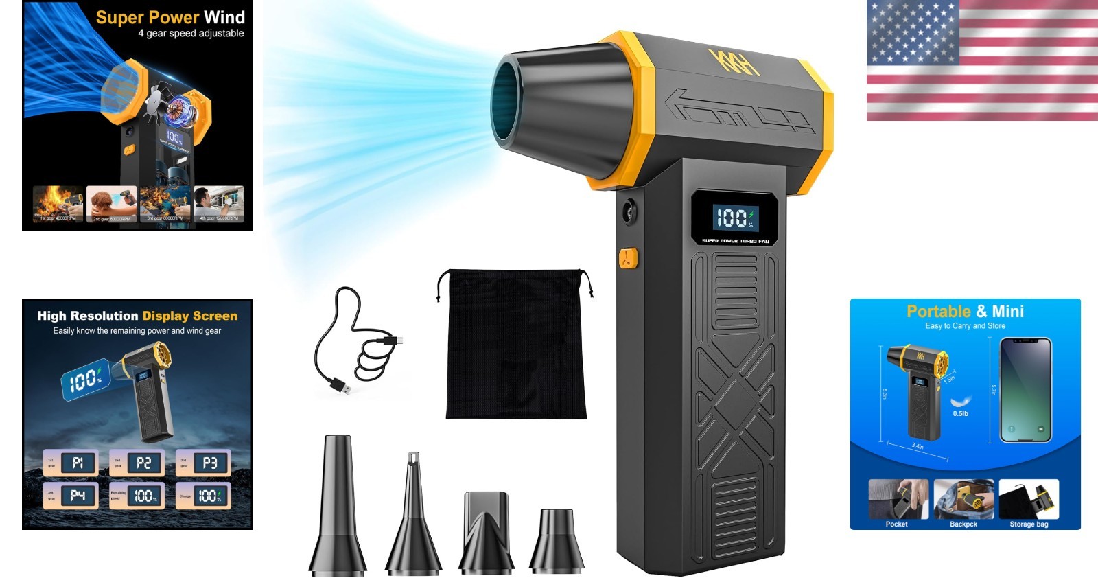 Portable Cordless Electric Air Duster - 120,000RPM Turbo Blower with LED Light