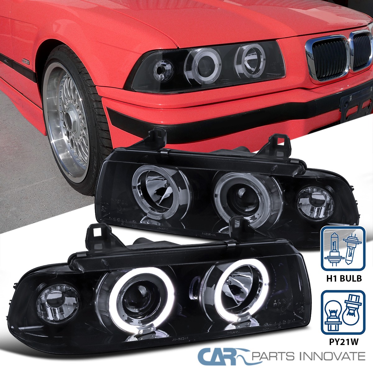 Smoke Fit 1992-1998 BMW E36 318i 325i 328i M3 LED Halo Projector Headlights Lamp