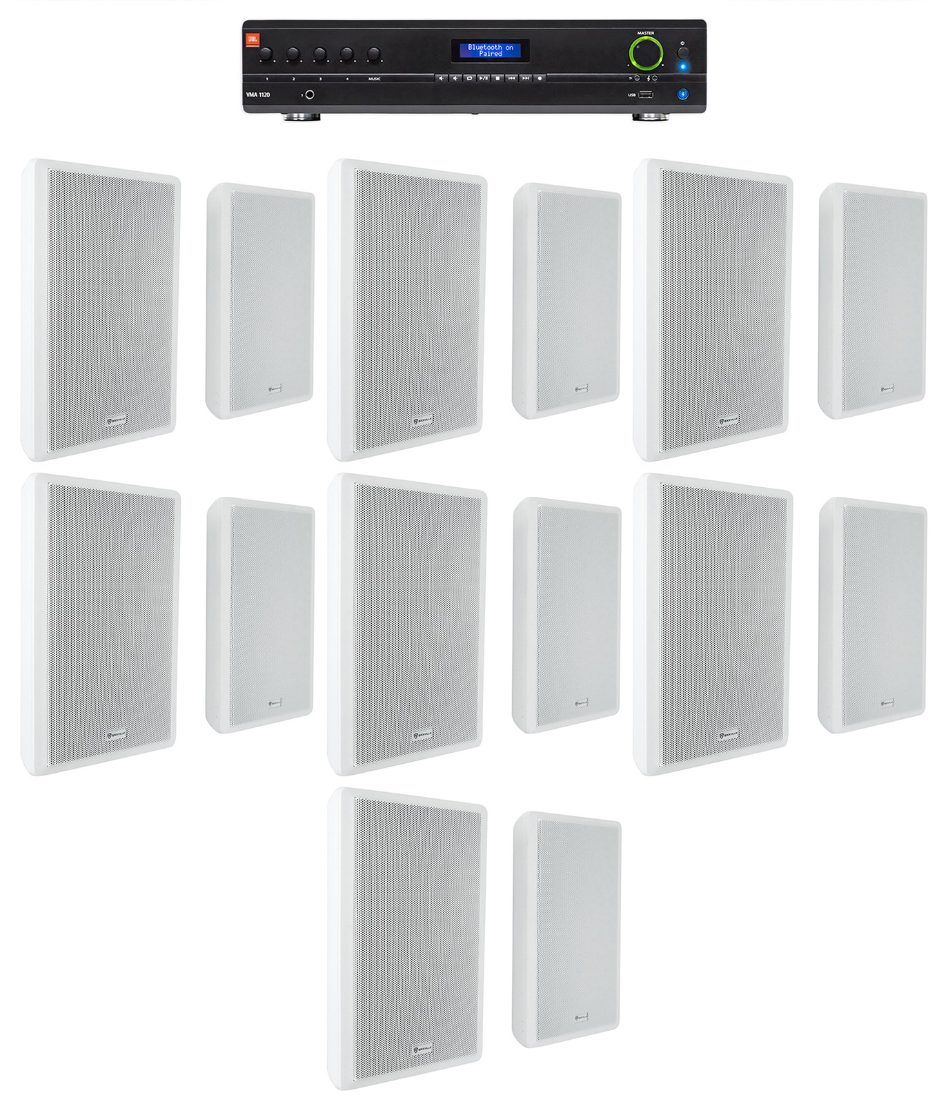 JBL Commercial Amplifier+(14) Slim White Wall Speakers for Restaurant/Bar/Cafe