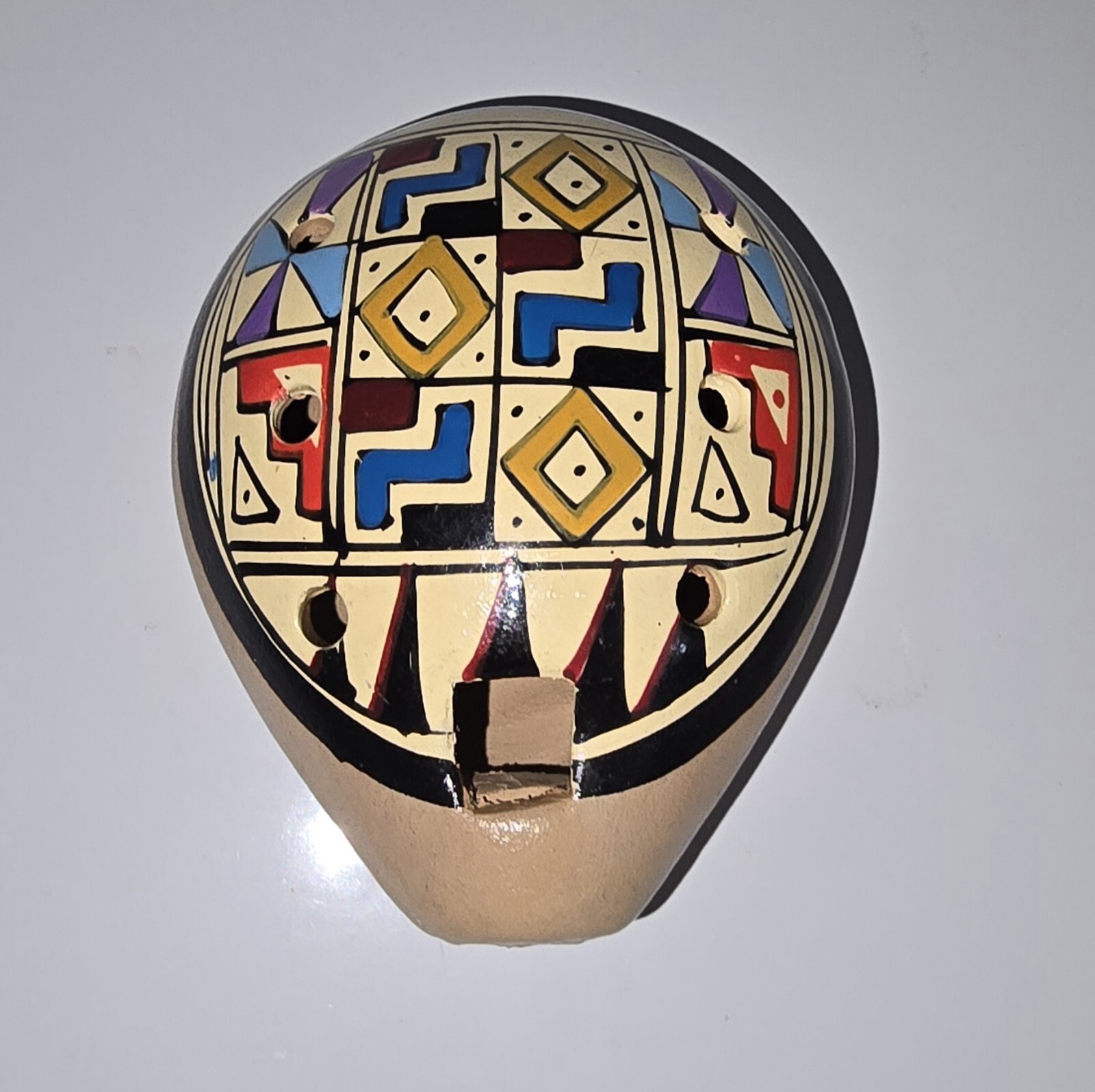 Peruvian Clay Multi Color Geometric Pattern Folk Art Face Whistle Flute