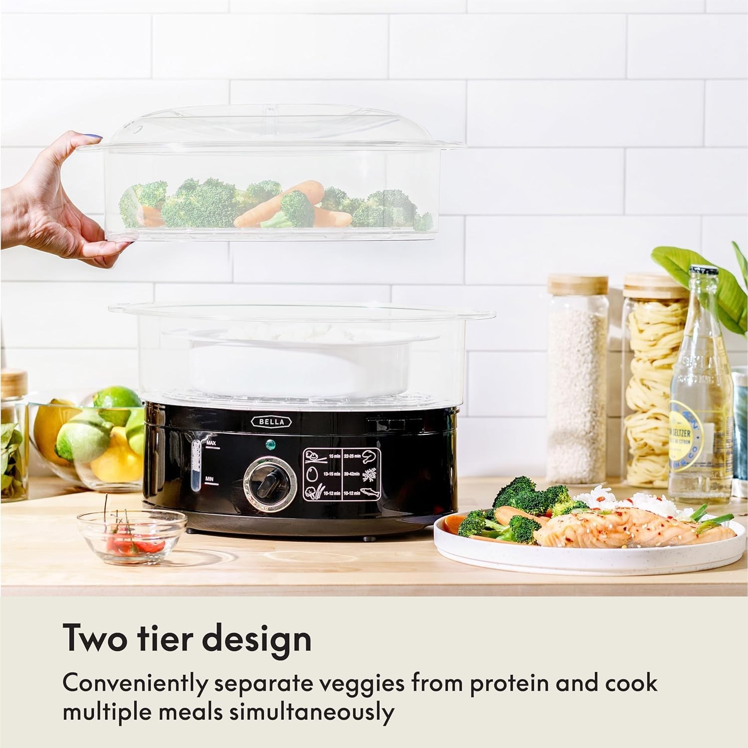 BELLA Two Tier Food Steamer with Stackable Baskets & Removable 7.4 QT, Black