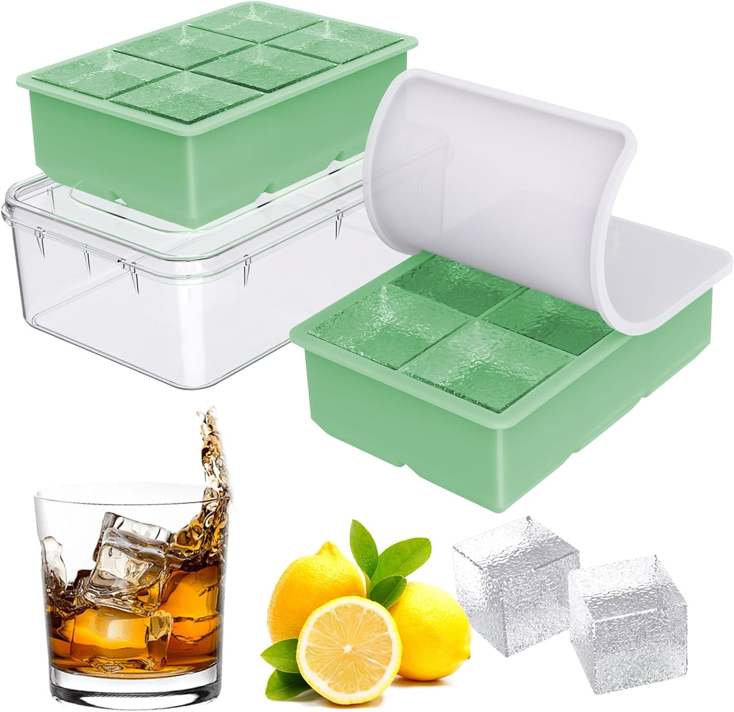 Large Ice Cube Tray for Whiskey, 2 Pack Big Square Ice Cube Molds, 2 inch Sil...