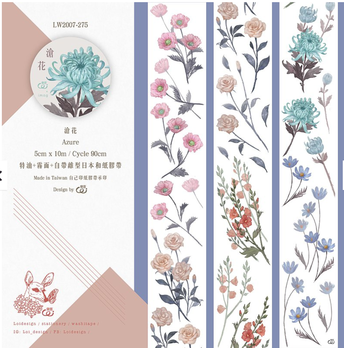 Loidesign "Azure" Azalea Rose Chrysanthemum Washi Tape SAMPLE LOOP