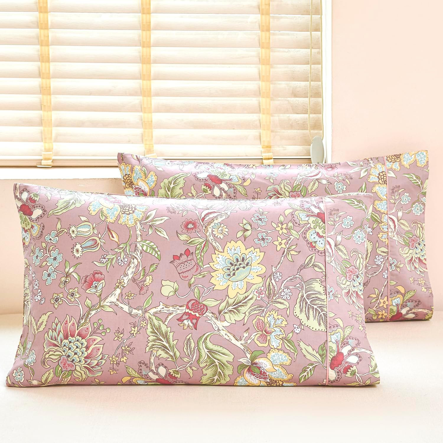 100% Cotton Pillowcases Set of 2 Queen Size Vintage Pink Floral Printed Pillow C
