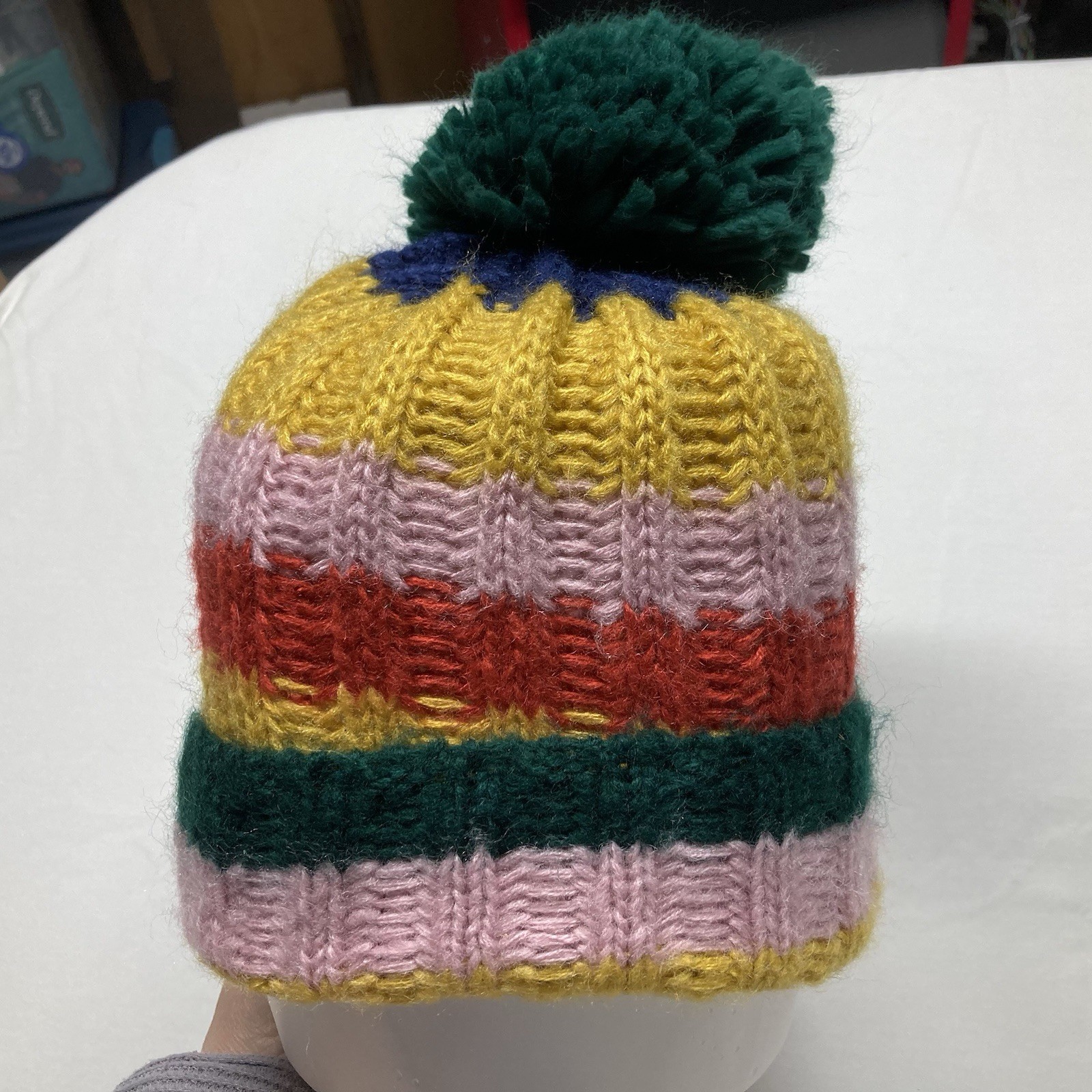 Pom Stocking Cap 100% Acrylic 11” Tall 22” Around Green Gold Pink Red
