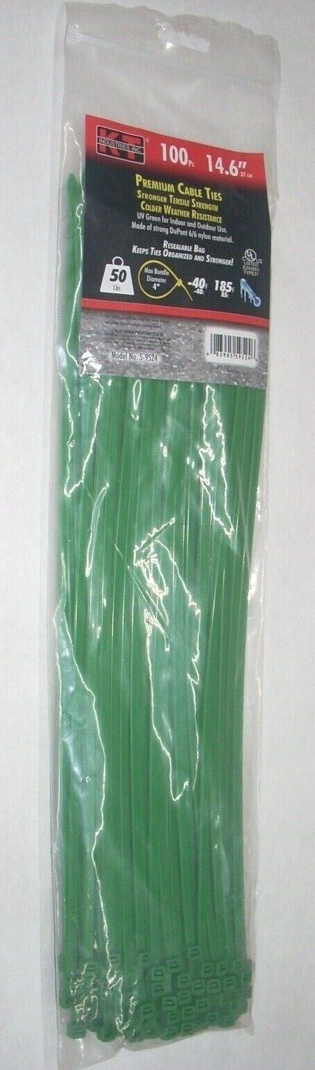 KT Industries 5-9524 Premium Green Cable Ties 14.6" Long 50 lb Cap 100 pk