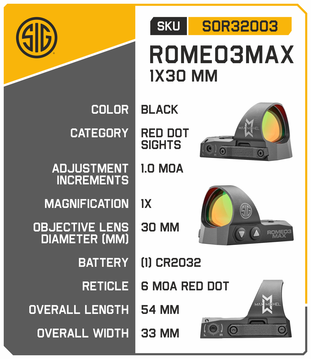 Sig Sauer ROMEO3MAX 1X30mm 6 MOA Waterproof and Fogproof Red Dot Sight
