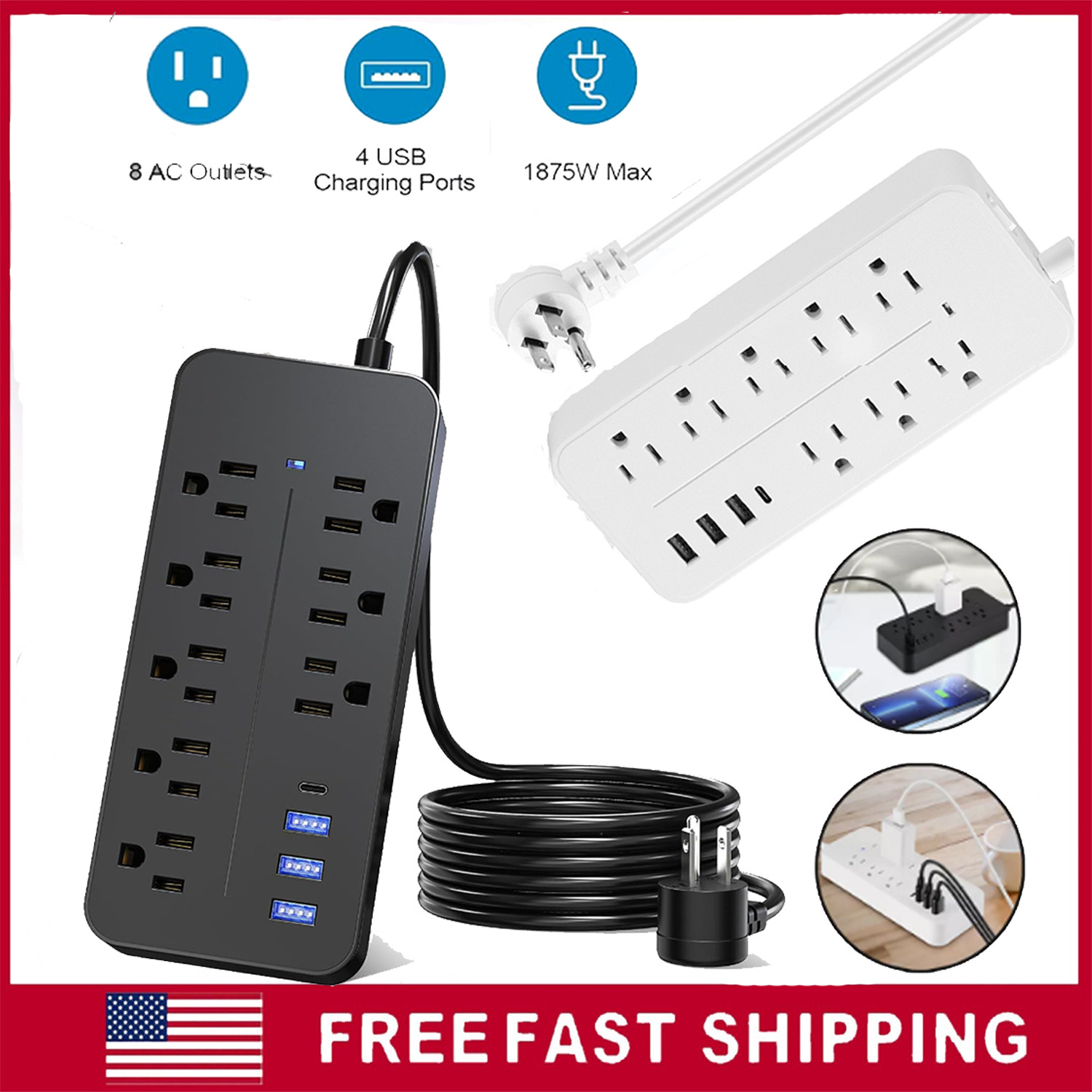 Surge Protector Power Strip 12-IN-1 US Wall Mountable 8 Outlets 4 USB Ports