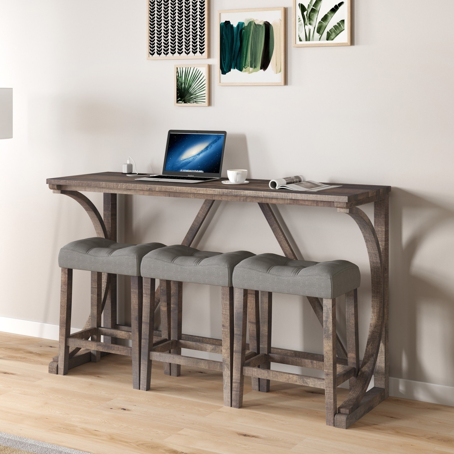 Modern 4 Piece Bar Table Set w/ 3 Saddle Bar Stools & USB Port for Small Spaces
