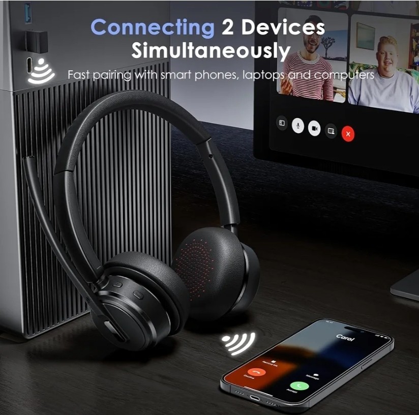 Mopchnic Wireless On-Ear Bluetooth Headset Noise Cancel Mic USB Dongle Base