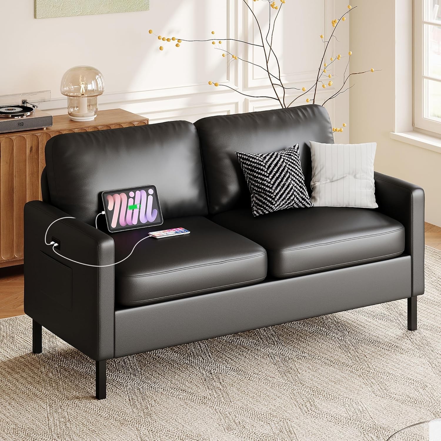 56" W Faux Leather Loveseat w/ 2 USB, Bla Love Seat w/Side