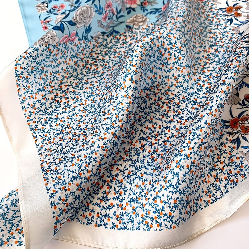 100% Pure Silk Small Scarf Women Neckerchief Bandana Wrap Blue Flowers 53*53cm