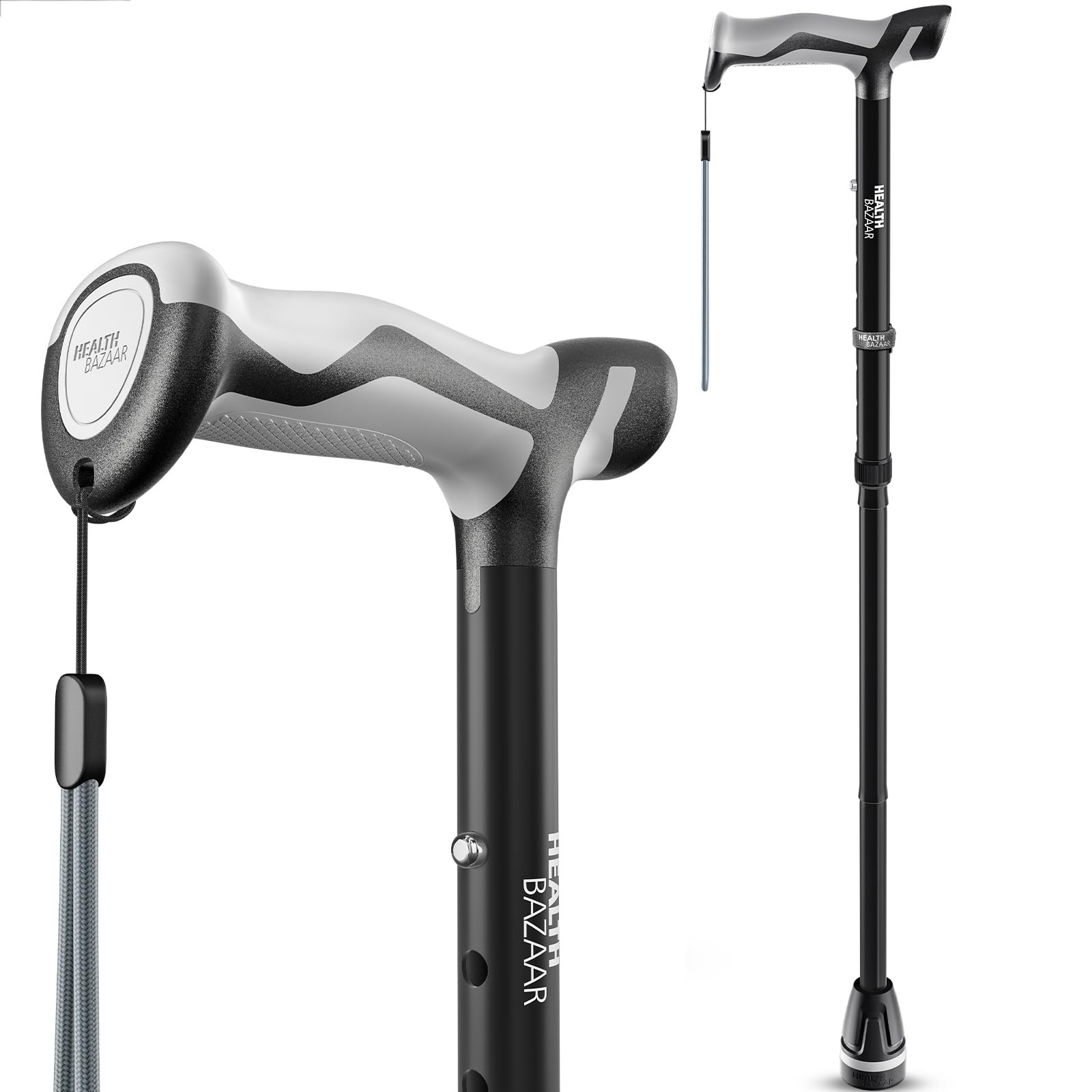 HEALTHBAZAAR Walking Cane for Men & Women, Foldable with Shock Black